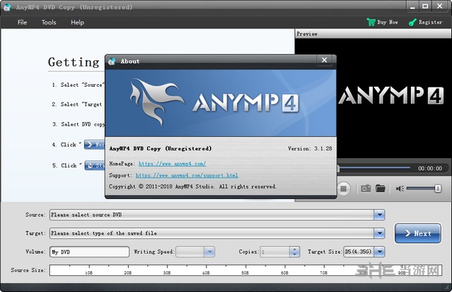 AnyMP4 DVD Copy是一款电脑DVD复制软件，该工具可以将DVD碟片中的文件或影片完整的转换或复制到电脑上，同时可以进行播放。软件介绍它不仅可以帮助您将DVD光盘复制到其他DVD如DVD - 5和DVD -9的高品质，也刻录DVD文件和ISO映像文件到DVD光盘，具有非常快的速度。此外，它为您提供了一些惊人的功能，例如音轨和字幕选择。此外，它有几个可用的DVD复制模式供您选择，比如完整拷贝，主要影片和自定义。功能特点将DVD作为ISO文件或文件夹复制到硬盘驱动器AnyMP4 DVD拷贝是一个极好的烧录程序，允许您在Windows 10/8.1/8/7/Vista/XP上将DVD备份到硬盘驱动器。您可以将您的DVD作为ISO文件或DVD文件夹以超快的速度复制并保存到PC的硬盘中。此软件允许您创建备份并保持DVD内容的安全。这种方法是有利的，因为您将来可以在DVD上刻录和播放ISO文件或DVD文件夹。将ISO图像文件或DVD文件夹复制到空白DVD光盘使用这个DVD复制程序，您可以将DVD/ISO图像文件/DVD文件夹克隆到一个空DVD光盘，例如DVD-5到DVD-5光盘、DVD-9到DVD-9光盘，复制比例为1：1，这样就可以创建并保存备份DVD。然后你可以随时随地用DVD播放器播放DVD内容。顺便说一下，这个软件也可以把DVD-9压缩成高质量的DVD-5光盘。三种拷贝模式-全拷贝、主电影和自定义模式在拷贝DVD之前，您有3种拷贝模式，命名为“全拷贝”、“主影片”和“自定义”。您可以在DVD复制程序界面上选择合法模式。“完全复制”：复制整个DVD视频，包括学分、广告等。“主要影片”：复制主要影片，不要多余的剪辑。自定义”：您可以自己确定哪些视频剪辑被烧毁。有多种设置和编辑功能不管是DVD到PC还是DVD到DVD，DVD拷贝都提供几种设置来充分利用它。通常，您可以预览设置和备份以比较源视频和输出视频。您还可以捕获您想要的图像作为屏幕截图，并将其保存到您的PC。如果您只想复制DVD光盘中的主电影，那么您可以使用这个软件来选择和复制主电影，而不必同时克隆所有特定的设置、介绍、预告片和AD。顺便说一下，您可以选择音频轨道和字幕，删除或跳过菜单，根据需要。复印速度快，操作方便AnyMP4 DVD克隆器能够使用双核CPU执行200%的复制速度。因此，用DVD复制烧录程序复制DVD变得容易。此外，它具有用户友好和清晰的界面，这使得操作更加容易。不用担心复杂的操作。任何MP4DVD拷贝兼容DVD+-R/RW，DVD-RAM，大多数DVD播放器和燃烧器和双层8.5GB光盘。支持格式支持的输入格式：DVD：DVD光盘，DVD文件夹，DVD IFO文件音频：FLAC，WAV，WMA，MP3，MP2，AAC，AC3，AIFF，APE，OGG，M4A，RA，RAM，AU，AIF，CUE一般视频：TS、MTS、M2TS、MXF、TRP、TP、MP4、M4V、QT、MOV、MPG、MPEG、MPEG、MPEG2、MPEG4、MJPG、MJPEG、AVI、3GP、3G2、FLV、MOD、TOD、RM、RMVB、WMV、ASF、MKV、SWF、F4V、VOB、DAT、DV、DIF、WebM高清视频：MTS，TS，M2TS，TP，TRP，HD MPG，HD MPEG，HD MPEG2，HD MPEG4，HD MP4，HD WMV，QuickTime HD MOV使用说明1、下载并启动您的计算机上的DVD复制软件，您将看到主界面如下。2、插入带有视频（源）的DVD光盘到您的计算机，以及空白的DVD光盘（目标），以将DVD光盘复制到DVD光盘/文件夹/ISO文件。DVD上的所有视频将被自动识别。3、选择复制模式。AnyMP4 DVD拷贝提供三种拷贝模式。完整拷贝：拷贝整个DVD视频，包括学分、广告等。主影片：复制主影片，没有多余的剪辑。自定义：您可以自己确定哪些视频剪辑被烧毁。4、准备好所有设置后，单击“下一步”复制DVD光盘/文件夹/ISO图像。
