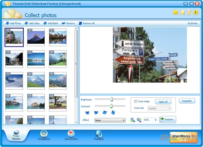 ThunderSoft Slideshow Factory是一款电脑电子相册制作软件，该工具能为用户的视频和图片快速制作电子相册，操作简单一次完成。软件介绍ThunderSoft Slideshow Factory官方版是一个非常易于使用的软件包，ThunderSoft Slideshow Factory官方版可让您通过图片和视频制作幻灯片! 您可以添加过渡效果，应用字幕，播放音乐，使用剪贴画等等! 使用70多种不同的动画模板，可以轻松创建幻灯片并发布为SWF电影，可执行文件，屏幕保护程序。软件特色•添加70多种过渡效果。•使用70多种不同的动画模板快速入门(包括2个模板包)。•构建包含500多张图像的相册，并使用缩略图索引页完成这些图像。•支持.wav，.mp3，.wma格式音频作为背景音乐。•将幻灯片显示为Flash / HTML，EXE，屏幕保护程序或视频文件。•将幻灯片发布为HTML5视频，支持所有主流浏览器，并可在iPad，iPhone中查看。•支持所有主要视频文件，包括flv，mp4，mpg，avi，wmv，mkv，mov等。•支持高清视频格式。•在线分享您的相册或幻灯片。•发布Google Adwords的.swf文件。