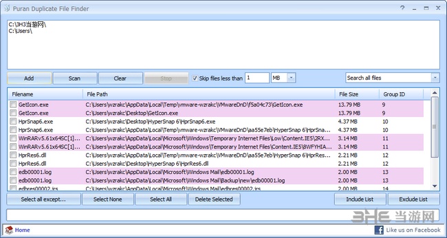Puran Duplicate File Finder是一款电脑重复文件查找软件，该工具界面直观简洁，用户直接添加分区或文件夹即可进行重复文件查询，轻松清理。软件介绍Puran Duplicate File Finder是一个免费的实用程序，可以通过比较每个文件的内容来查找和删除计算机上的重复文件。使用方法1.点Add选择一个路径，确定。2.点Scan开始查询重复文件。3.点Select all except→One in each group查看哪些是重复文件。重复文件会被勾选，方便你点Delete Selected删除。（界面会残留只读文件项但实际已删除了）软件功能扫描一个或多个驱动器/文件夹中的重复文件。它非常快。你肯定会对速度感到惊讶。您可以选择查找所有文件类型，也可以只查找自定义列表中提到的文件类型。您可以排除不想扫描的文件/文件夹。您还可以按文件大小排除文件。更新内容更好地显示文件和添加了新的选择选项。