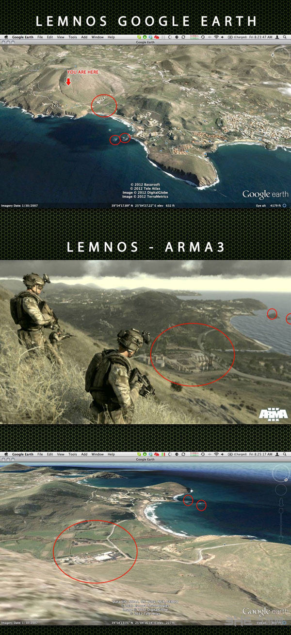 网友公布的谷歌地球照片与《武装突袭3》截图对比图