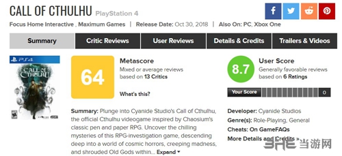 克苏鲁的呼唤Metacritic评分