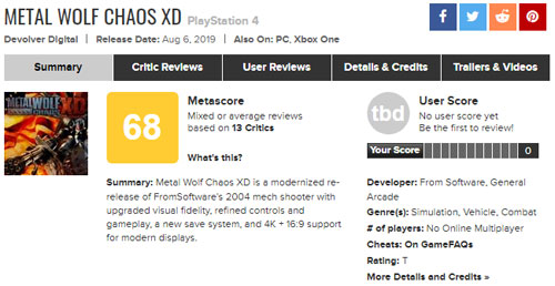 《钢铁苍狼：混沌之战XD》Metacritic评分