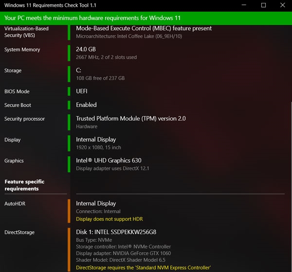 Windows 11 Requirements Check Tool截图